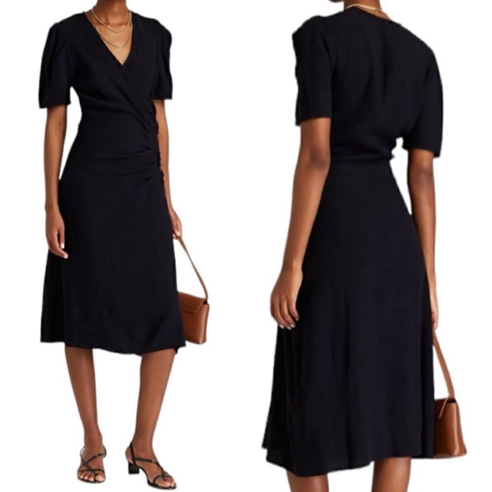 BA&SH Oya Faux Wrap Textured Crepe Midi Dress Mid-Night Blue $420